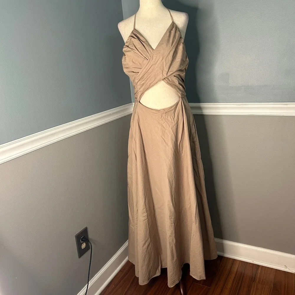 Abercrombie & Fitch Tan Halter Crossover Cutout Maxi Dress Smocked Back Pockets